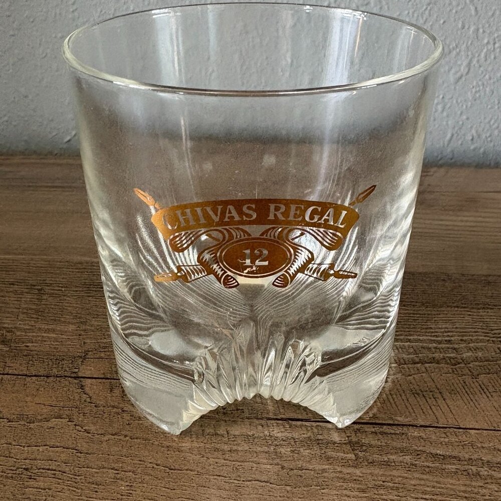 Chivas Regal 12 Scotch Whiskey Rocks Glass Low Ball Etched Gold Logo